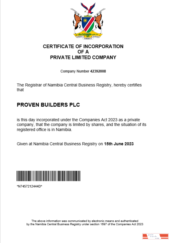 Namibia company registration certificate Word and PDF template